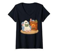 Women's Cozy Ghost Reading Book Fireplace Bunny Slippers V-Neck T-Shirt