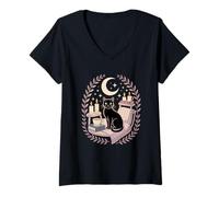 Women's Cozy Goth Black Cat Moon Candles Witchy Vibes V-Neck T-Shirt