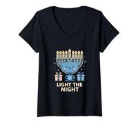 Womens Cozy Hanukkah Menorah Light The Night Design V-Neck T-Shirt