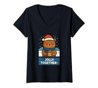Womens Cozy Jolly Together Bear Retro Christmas Art V-Neck T-Shirt