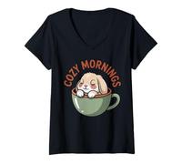 Women's Cozy Mornings Cute Bunny Cup Rabbit Animal Coffee V-Neck T-Shirt