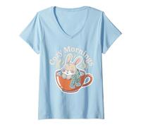 Women's Cozy Mornings Cute Kawaii Bunny Rabbit Tea Cup Animal V-Neck T-Shirt