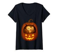 Womens Cozy Owl Asleep Inside Pumpkin Jack-O'-Lantern Art Halloween V-Neck T-Shirt