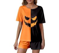 Women's Cozy Pajama Sets with Halloween Motifs, Sleepwear and Pants Outfit for Daily Use, Adjustable Fit, Versatile Design for Summer Nights, Perfect for Relaxing, orange, L