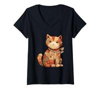 Womens Cozy Patchwork Quilted Cat Floral Rustic Cottagecore V-Neck T-Shirt