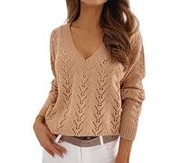 Womens Cozy Plain Sweaters Tops Women Casual Solid Color Hollow V Neck Knit Sweater for Outdoor Xmas Gifts (Khaki, M)