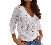 Womens Cozy Plain Sweaters Tops Women Casual Solid Color Hollow V Neck Knit Sweater for Outdoor Xmas Gifts (White, L)
