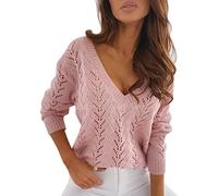 Womens Cozy Plain Sweaters Tops Women Casual Solid Color Hollow V Neck Knit Sweater for Outdoor Xmas Gifts (Pink, M)