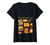 Womens Cozy Reading Time Book Lover Hygge Art V-Neck T-Shirt