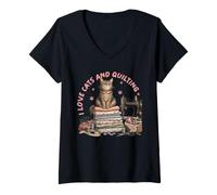 Women's Cozy Sewing Cat Quilting Craft Lover Vintage Design V-Neck T-Shirt