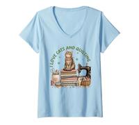 Women's Cozy Sewing Cat Quilting Craft Lover Vintage Design V-Neck T-Shirt
