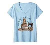 Women's Cozy Sewing Cat Quilting Craft Lover Vintage Design V-Neck T-Shirt