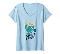 Womens Cozy Shine Bright Hanukkah Menorah Design V-Neck T-Shirt