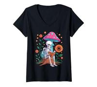 Womens Cozy Skeleton Reading Under Mushroom Whimsical Art V-Neck T-Shirt