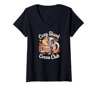 Womens Cozy Skunk Cocoa Club Fall Autumn Leaves V-Neck T-Shirt