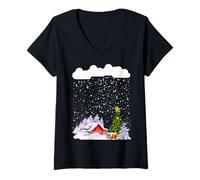 Womens Cozy Snow Cabin with Snowflakes and Snowy Christmas Tree V-Neck T-Shirt