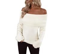 Womens Cozy Thermal Tops Knitting Sweatshirts Women Cute Off The Shoulder Sweater Sexy Long Sleeve Knit Loose Fit Pullover Top Going Out Knitwear Jumper Party Costume Xmas Outfits Gifts (White, M)