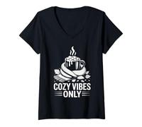 Womens Cozy Vibes Only Warm Autumn Hygge Mug V-Neck T-Shirt