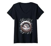 Womens Cozy Winter Hedgehog in Snowy Forest Nest Woodland V-Neck T-Shirt