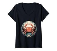 Womens Crab and Ocean Waves with Seashell Coastal Circle V-Neck T-Shirt