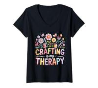 Women's Crafting is My Therapy Craft Lover Crafty Funny Crafter V-Neck T-Shirt