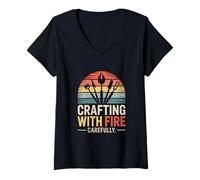 Women's Crafting with Fire Carefully Maker Crafter V-Neck T-Shirt