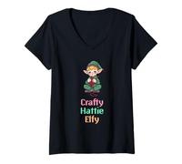 Womens Crafty Hattie Elfy - Cozy Pixel Christmas Craft Design V-Neck T-Shirt