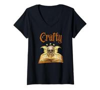 Womens Crafty Witch Core Crescent Moons Skull Spell Book Magic V-Neck T-Shirt