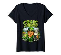 Women's Craic Addict Beer Drinking Leprechaun with Glass Stout V-Neck T-Shirt
