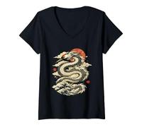 Women's Crane Dragon Japanese Mythical Art V-Neck T-Shirt