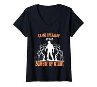Womens Crane Operator by Day Zombie by Night Funny Halloween Creepy V-Neck T-Shirt