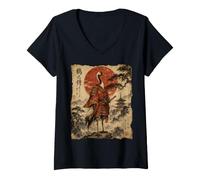 Women's Crane Samurai Red Sun Katana Japanese Vintage Scroll Art V-Neck T-Shirt