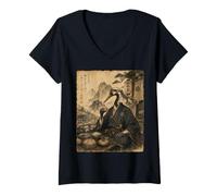 Women's Crane Samurai Vintage Japanese Kimono Katana Warrior Art V-Neck T-Shirt