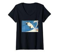 Womens Crane Wave Surf Hiroshige Japanese Ocean Retro V-Neck T-Shirt