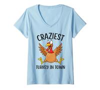 Womens Craziest Turkey in Town Funny Thanksgiving Cartoon Art V-Neck T-Shirt