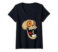 Womens Crazy Cartoon Skull with Big Eyes and Screaming Mouth V-Neck T-Shirt