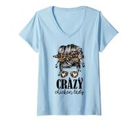 Womens Crazy Chicken Lady Messy bun V-Neck T-Shirt