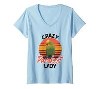 Women's Crazy Parakeet Lady Retro Sunset Parakeet V-Neck T-Shirt