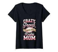Women's Crazy Proud Always Loud Rugby Mom Supporter V-Neck T-Shirt