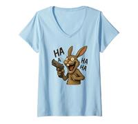 Womens Crazy Rabbit with a Gun Laughing V-Neck T-Shirt