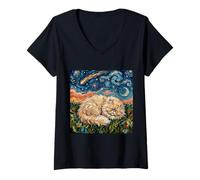 Women's Cream Persian Cat Sleeping Kitty Starry Night Artwork V-Neck T-Shirt
