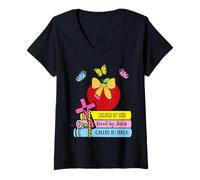 Women's Created By God Called to Teach Pretty Books Christian V-Neck T-Shirt