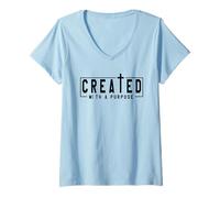 Women's Created with A Purpose Christian Faith Cross V-Neck T-Shirt