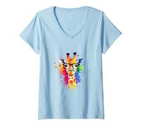 Womens Creative Giraffe with Glasses and Colourful Splash - Animal Design V-Neck T-Shirt