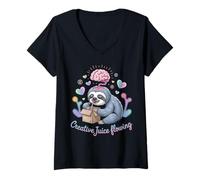 Womens Creative Juice Flowing Sloth Funny Brain and Juice Box V-Neck T-Shirt