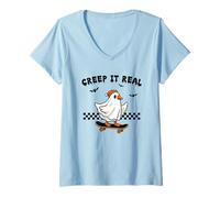 Womens Creep It Real Skateboarding Ghost Duck Fun V-Neck T-Shirt