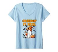 Women's Creepin It Real Funny Retro Vintage Ghost Orange Drink Bats V-Neck T-Shirt