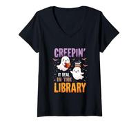 Womens Creepin It Real in The Library Cute Ghost Reading Halloween V-Neck T-Shirt