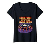 Womens Creeping Into Your Living Room | Retro Horror VHS Monster V-Neck T-Shirt
