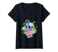 Women's Creepy Anime Skull Bubble Tea Boba Tea V-Neck T-Shirt